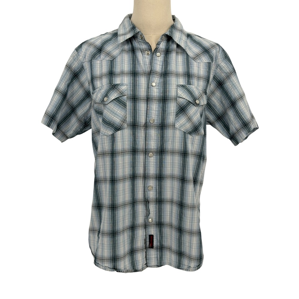 Wrangler Western Snap Shirt Navy Blue Plaid 100% Cotton XL